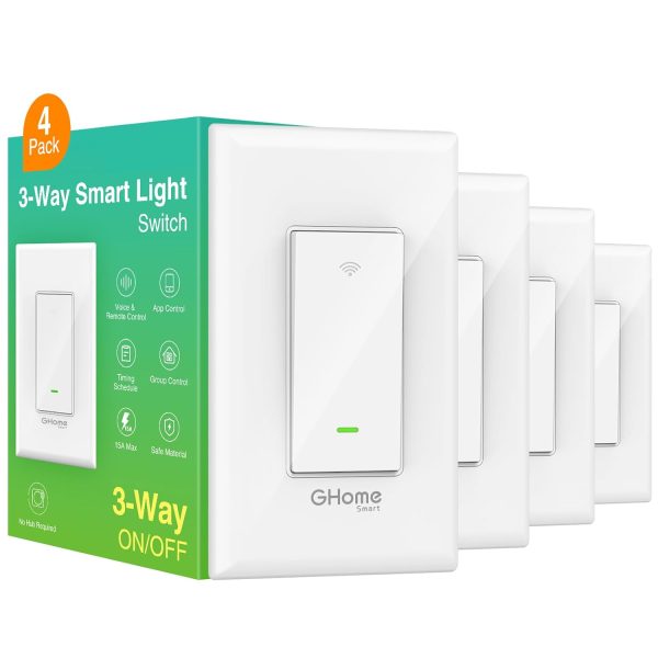 GHome Smart Switch, 3 Way Wi-Fi Light Switch Compatible with Alexa and Google Home, 2.4GHz Schedule Timer, Neutral Wire Required, 3-Way Installation, FCC Listed (4-Pack),White