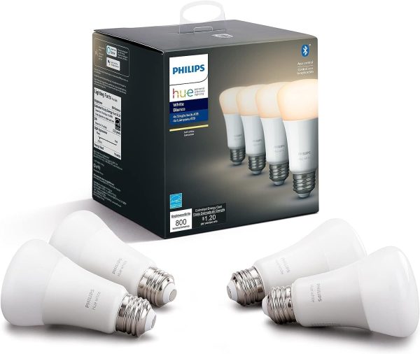 Philips Hue Smart 60W A19 LED Bulb - Soft Warm White Light - 4 Pack - 800LM - E26 - Indoor - Control with Hue App - Works with Alexa, Google Assistant and Apple Homekit