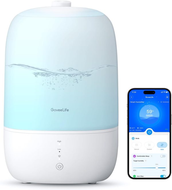 GoveeLife Smart Humidifiers for Bedroom, 3L Top Fill Cool Mist Humidifiers with Essential Oil Diffuser, Humidity Control, WiFi Air Humidifier with Night Light, for Baby, Plants, Home, Work with Alexa