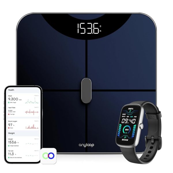 Smart Scale for Body Weight, Digital Scale with BMI, Body Fat, Muscle Mass 13-Measurement + anyloop Fitness Tracker Watch with Heart Rate Blood Oxygen Sleep Monitor