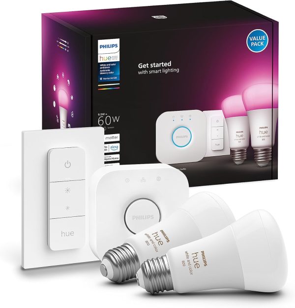 Philips Hue Smart Light Starter Kit - Includes (1) Bridge, (1) Dimmer Switch and (2) 60W A19 LED Bulb, White and Color Ambiance Color-Changing Light, 800LM, E26 - Control with App or Voice Assistant