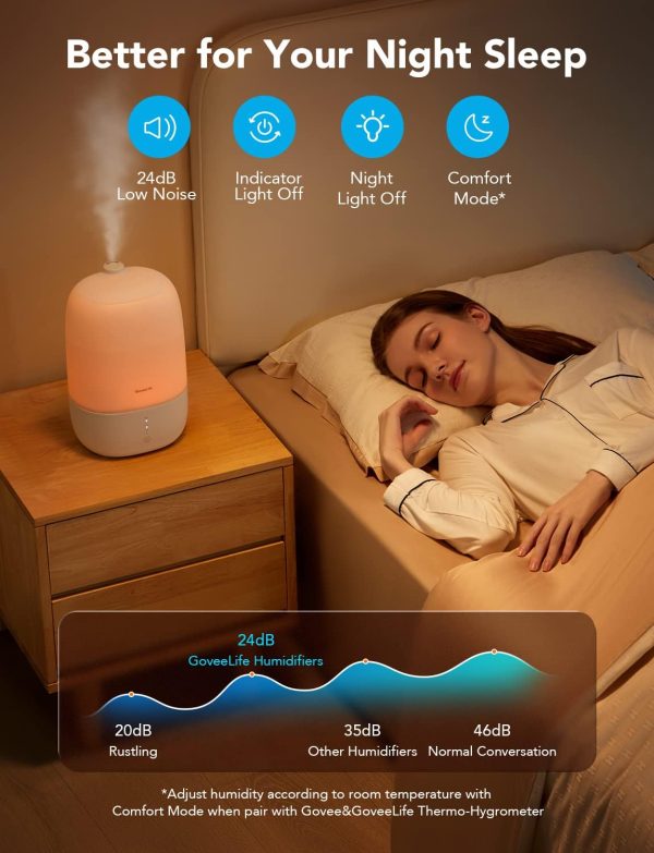 GoveeLife Smart Humidifiers for Bedroom, 3L Top Fill Cool Mist Humidifiers with Essential Oil Diffuser, Humidity Control, WiFi Air Humidifier with Night Light, for Baby, Plants, Home, Work with Alexa - Image 3