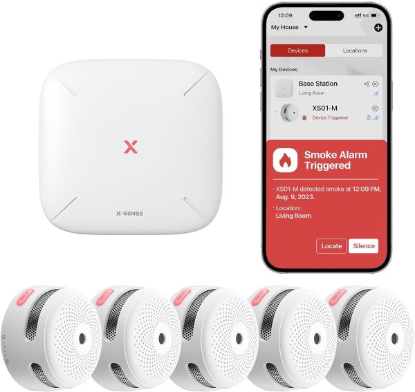 X-Sense Smart Smoke Detectors with SBS50 Base Station, Wi-Fi Smoke Alarm Compatible with X-Sense Home Security App, Wireless Interconnected Mini Fire Alarm, Model FS51